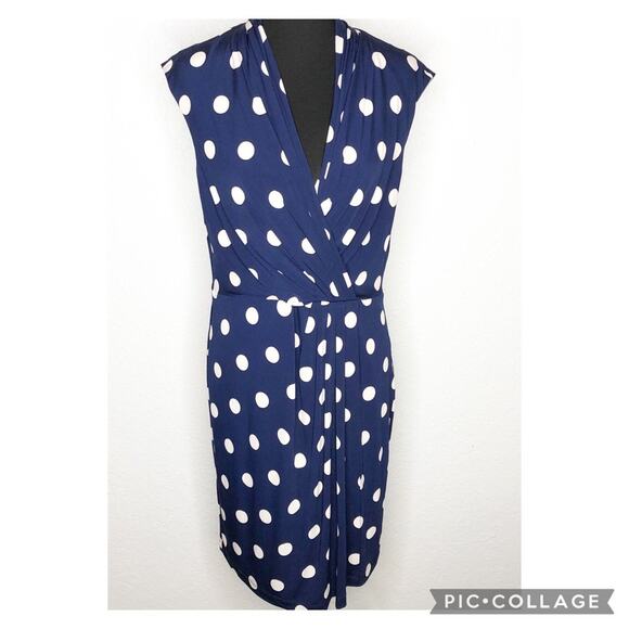 Eliza J navy blue cream tan polka dot faux wrap dress size 14 - Picture 1 of 16